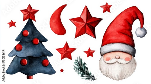 Christmas elements on white background Santa Claus Christmas tree and stars. watercolor illustration. Festive xmas icon on clean backdrop father christmas fir celestial shape. hand