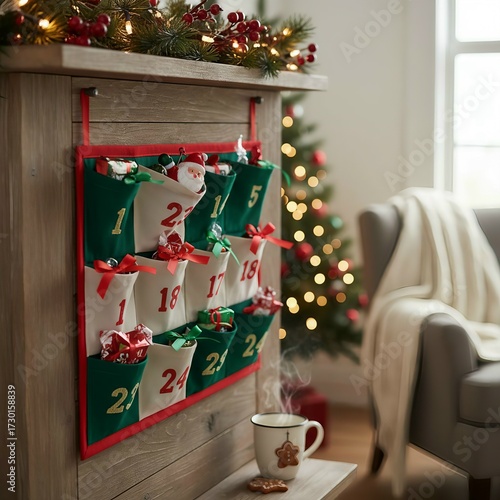 Festive advent calendar hanging on a cozy mantel decorated with holiday cheer and a warm drink