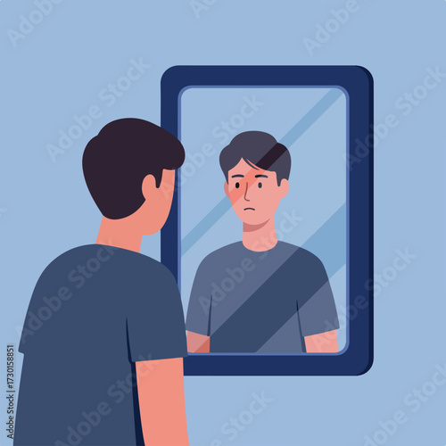 Man looks in mirror, reflection appears anxious