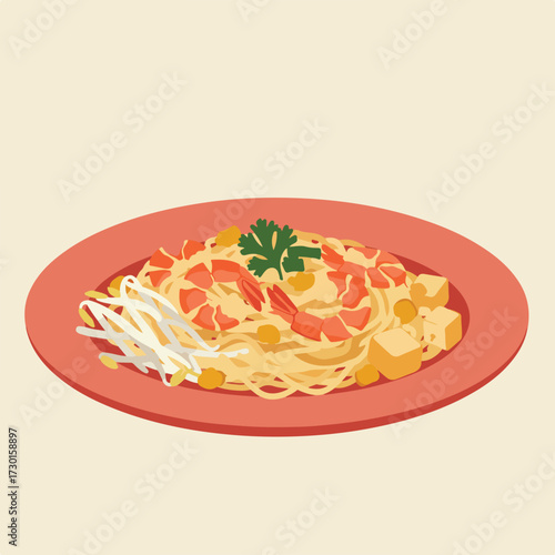 Pad Thai illustration on coral plate with tofu, sprouts, shrimps and parsley