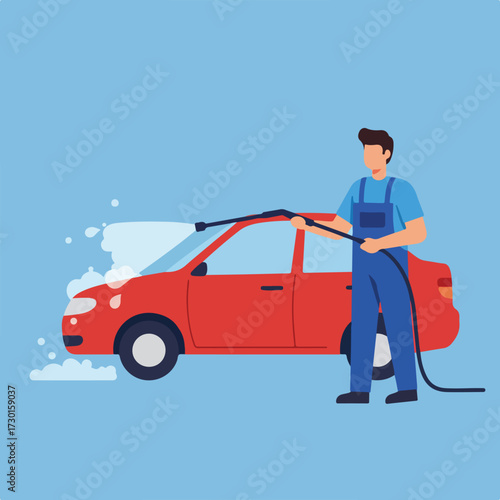Person in overalls washes a red car with a pressure washer under a light blue sky
