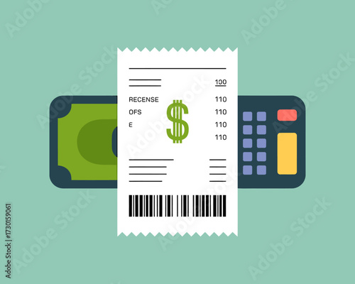 Receipt with dollar sign, calculator and cash, concept of payment