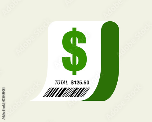 Curved receipt with dollar sign isolated on white background for business finance