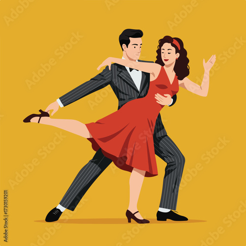 Dancing couple in striped suit and red dress on a mustard-colored backdrop