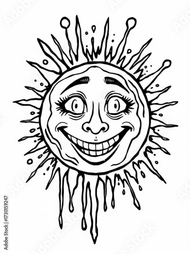 Minimilist cartoon sun with a wide grin and exaggerated features in black and white line art style illustration vector