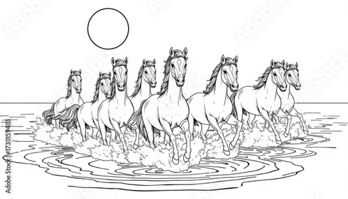 Minimilist a group of horses running through water with a sun in the background creating a dynamic monochrome scene vector