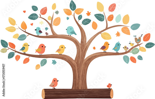 Whimsical illustration of a colorful tree with many small birds perched on its branches and trunk