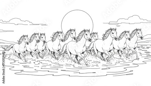Minimilist a group of horses running through water with a large sun or moon in the background in a line drawing vector