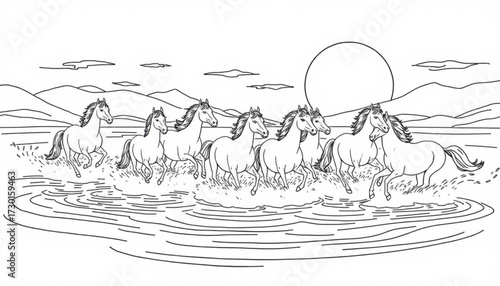 Minimilist a herd of horses running through water with mountains and a large sun in the background artwork vector