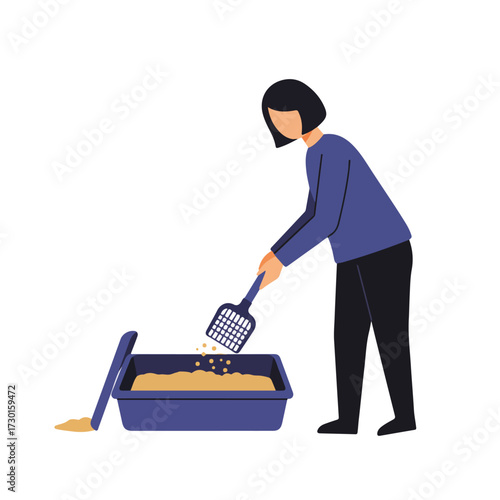 Cartoon person cleaning blue cat litter box with scoop in a white background