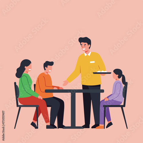 Waiter serves a family of four sitting at a restaurant table