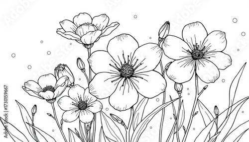 Minimilist detailed line art illustration of a variety of flowers with petals and leaves for coloring page use vector