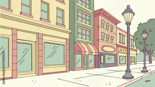 Cartoon vector background of a lively urban street with colorful shopfronts, lampposts, and sidewalk. Modern, simple, clean design for animation.
