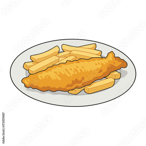 Fried fish and chips on a grey plate, outlined in black, centered