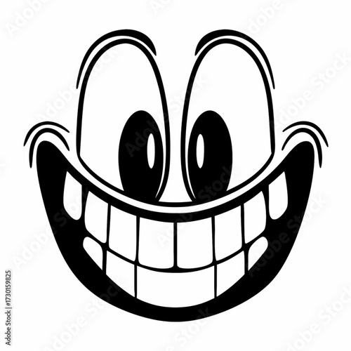 Minimilist cartoonish face with exaggerated eyes and a wide toothy grin in black and white illustration style vector