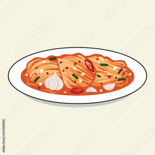 Cartoon plate of kimchi with cabbage, garlic and chives on white plate