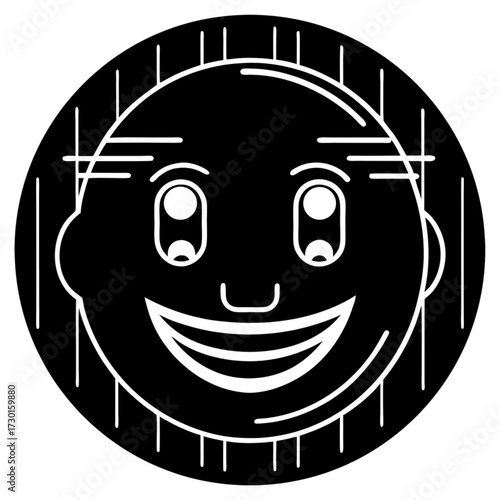Minimilist black and white graphic of a smiling face inside a circle with vertical lines around the perimeter vector