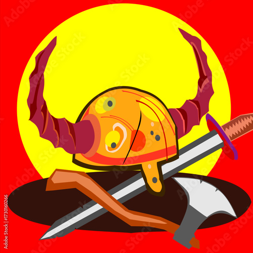 vector illustration of iron helmet, a sword, and an axe, which recognice belong to Viking's Tribe.