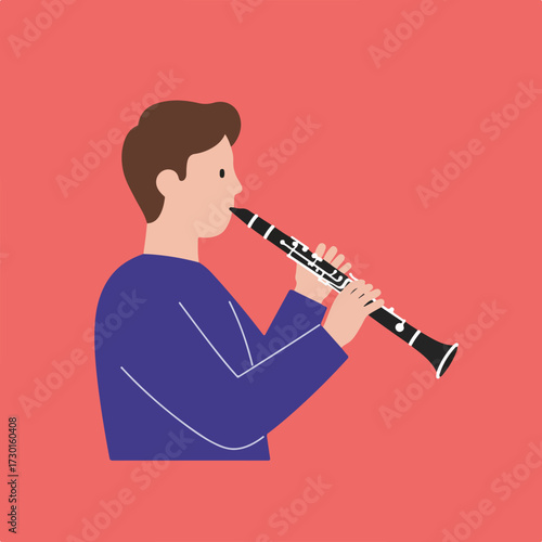 Flat illustration of a man in blue shirt playing a clarinet