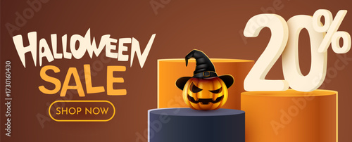 Halloween Sale 20 Percent Off Banner with Spooky Pumpkin. Twenty Percent off. Seasonal discount advertisement. Vector illustration.