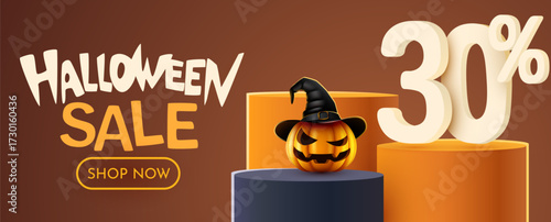 Halloween Sale 30 Percent Off Banner with Spooky Pumpkin. Thirty Percent off. Seasonal discount advertisement. Vector illustration.