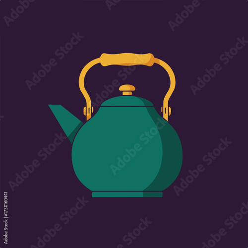Green kettle with golden handle, spout, & lid on a purple background