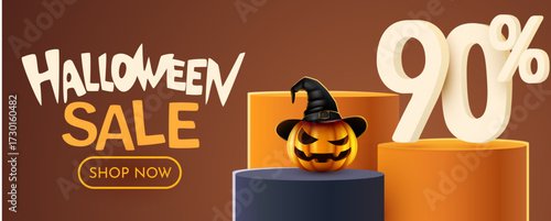 Halloween Sale 90 Percent Off Banner with Spooky Pumpkin. Ninety Percent off. Seasonal discount advertisement. Vector illustration.