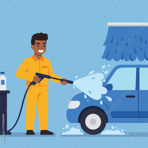 Cartoon of a man in yellow overalls washing a blue car with a pressure washer