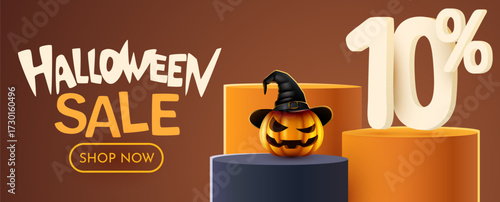 Halloween Sale 10 Percent Off Banner with Spooky Pumpkin. Ten Percent off. Seasonal discount advertisement. Vector illustration.