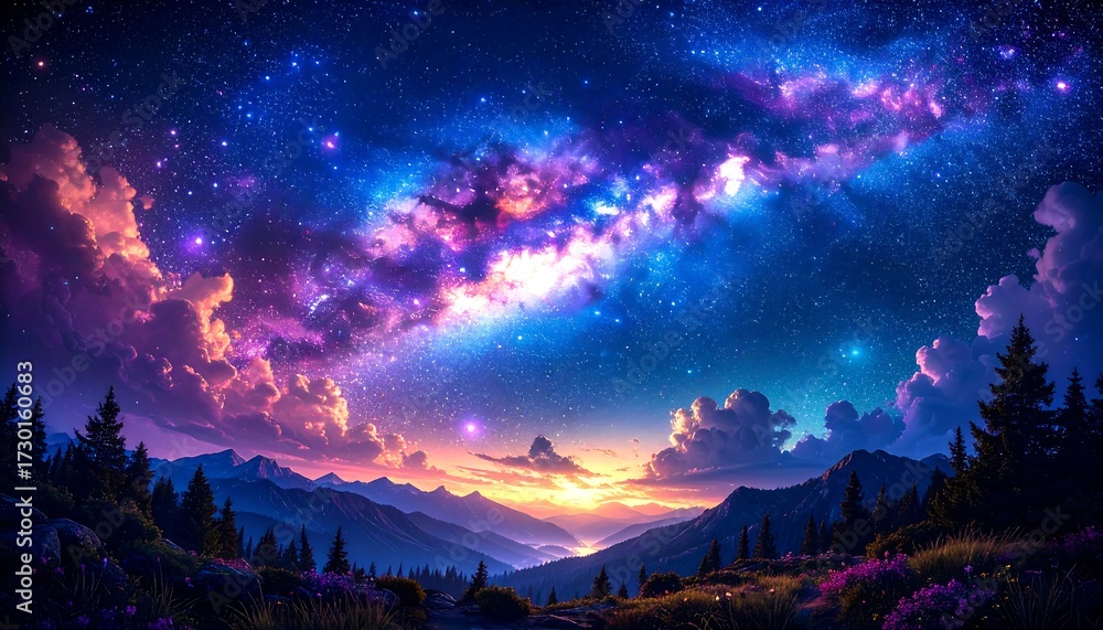 Naklejka premium Vibrant Night Sky Over Majestic Mountains and Forest.