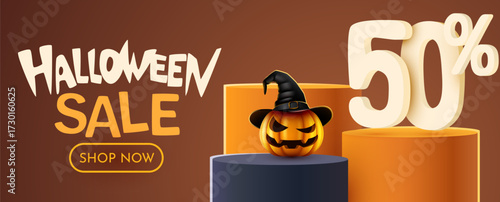 Halloween Sale 50 Percent Off Banner with Spooky Pumpkin. Fifty Percent off. Seasonal discount advertisement. Vector illustration.