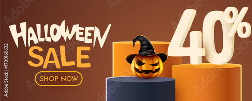 Halloween Sale 40 Percent Off Banner with Spooky Pumpkin. Forty Percent off. Seasonal discount advertisement. Vector illustration.