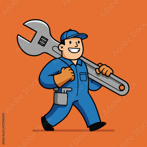 Cartoon mechanic walking with wrench on his shoulder, bright orange background