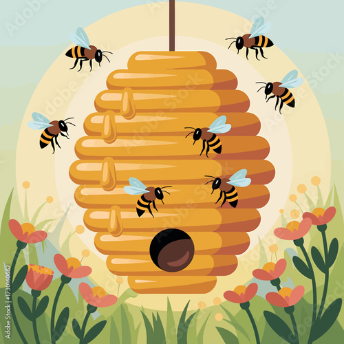 Cartoon beehive with bees flying around it in a nature scene