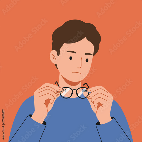 Man in blue contemplates glasses against an orange backdrop