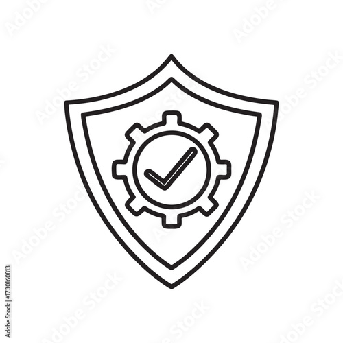 Shield with gear and checkmark icon for security and reliability
