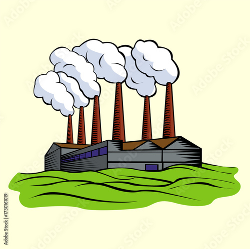 Factory emitting smoke over green landscape, environmental pollution