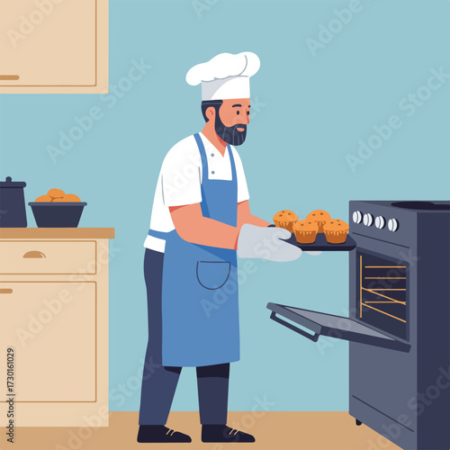 Baker with muffins and oven in a flat illustration kitchen scene