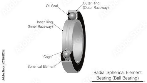 Spherical rolling element bearing (ball bearing) illustration shown in a 1/8 turn section view showing the inner race, cage, spherical elements, and outer race