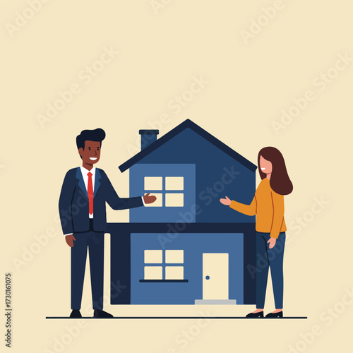 Cartoon agent & buyer look at blue home with white trim on tan background
