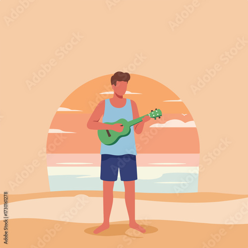 Man playing ukulele by ocean sunset