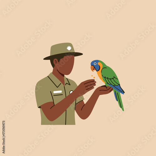 Park ranger feeds a colorful parrot in a flat style illustration