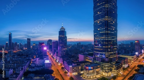 Cityscape at twilight with tall skyscrapers, vibrant city lights, architecture, and bustling urban scene