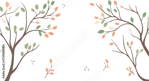 Delicate watercolor illustration of two bare trees with sparse autumn leaves against a white background