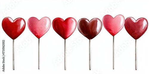 Colorful watercolor heart shaped lollipops on sticks showcasing various shades of red and pink perfect for celebrations and sweet treats. Delicious confectionery heart lollipop