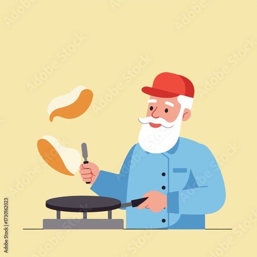 Flat style chef with beard cooks pancakes on griddle against yellow background