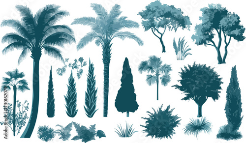 Collection of silhouetted tropical and mediterranean trees and plants in teal blue tones