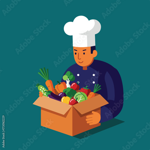 Smiling chef holds box overflowing with veggies on a teal background