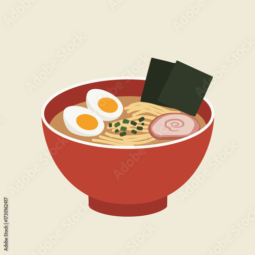 Illustration of ramen in a red bowl against a cream background