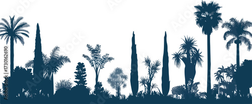 Silhouette of diverse tropical and mediterranean trees against a bright white background
